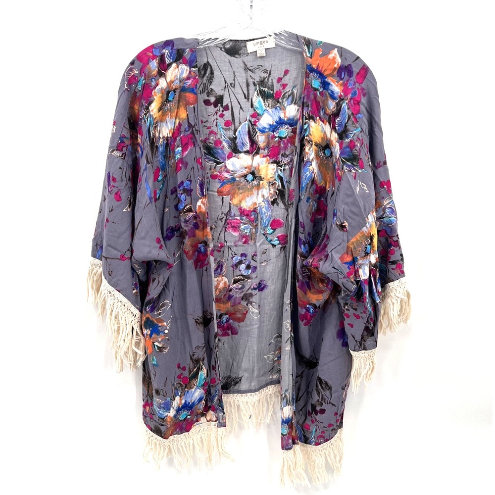 UMGEE Womens Sz S Periwinkle Floral Fringe-Hem/Sleeve Open-Front Kimono Cardigan